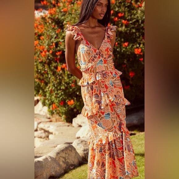 NWT MISA Los Angeles Morrison Tiered Ruffle Cotton Dress tangerine floral M - Picture 1 of 7
